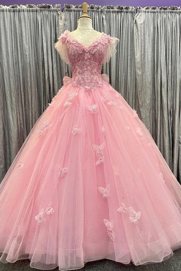 Pink Tulle 3D Floral Lace Bow-Back Quinceanera Dress with Flutter Sleeves