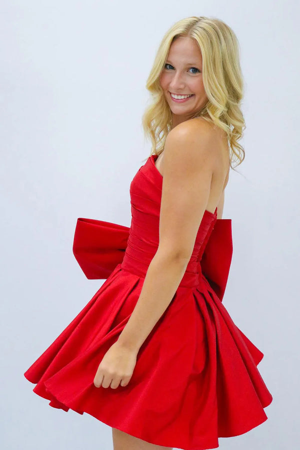 A-Line Strapless Pleated Party Dress with Bow – Homecoming Dress by KissProm | Available at KissProm