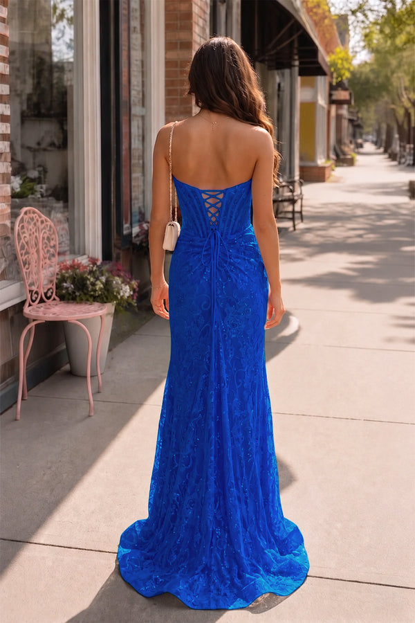 Lavender Strapless Lace Ruched Mermaid Prom Dress with Slit