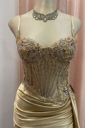 Silver Spaghetti Straps Mermaid Appliqued Prom Dress With Split – Prom Dress by KissProm | Available at KissProm
