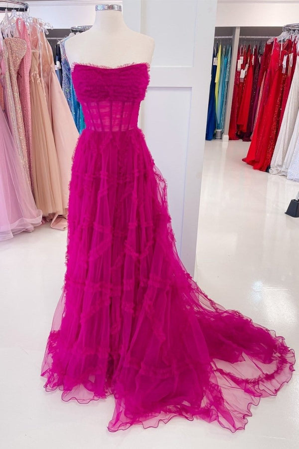 A-Line Strapless Ruffles Long Formal Dress with Puff Sleeves – Prom Dress by KissProm | Available at KissProm