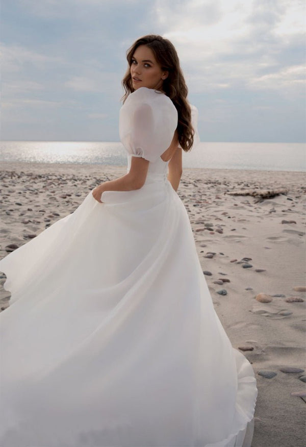 Charming A-Line Square Neck Short Sleeves Wedding Dresses with Train – Wedding Dresses by kissprom | Available at KissProm