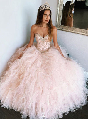 Quinceanera Dress Pink Sweetheart Sleeveless Tulle Prom Dresses Sweet Dresses - KissProm