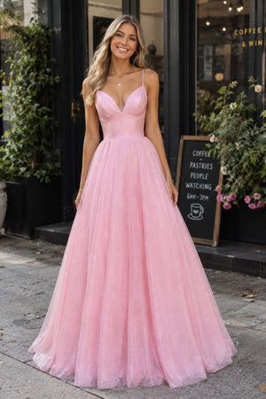Pink Tulle Long Backless Prom Dress A-Line V Neck Party Dress
