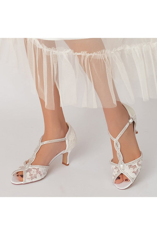Ivory Leather Heels Adorned with Lace and Rhinestone Accents - KissProm
