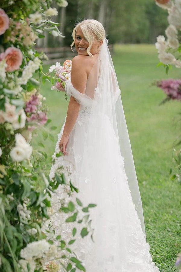Attractive A - Line Off the Shoulder Tulle Wedding Dresses - KissProm