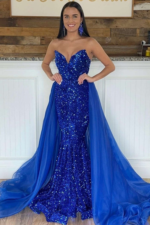 Noria | Blue Sequin Strapless Mermaid Long Pageant Dress - KissProm