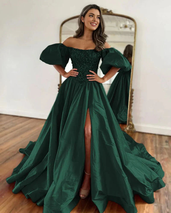 A-Line Off The Shoulder Taffeta Prom Dress With Short Puffy Sleeves – Prom Dress by KissProm | Available at KissProm
