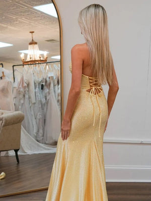Glitter Mermaid Yellow Sweetheart Cut-out Long Prom Dress with Beading – Prom Dresses by KissProm | Available at KissProm