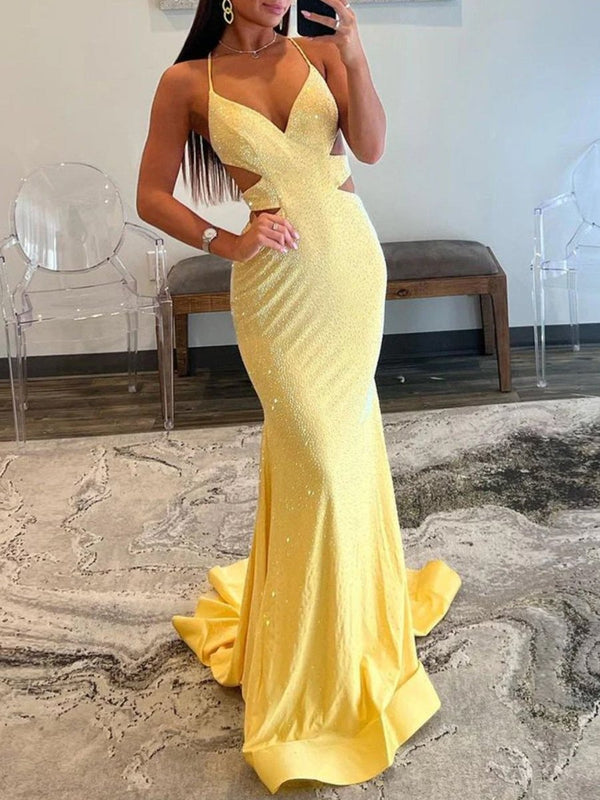 Sparkly Mermaid V Neck Yellow Sequins Long Prom Dresses – Prom Dresses by KissProm | Available at KissProm