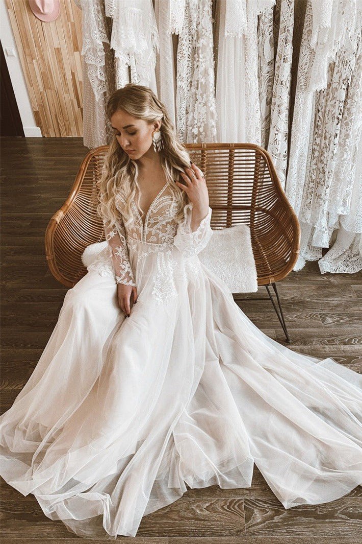 A-Line Lace Top Flare Sleeves Open Back Wedding Dress