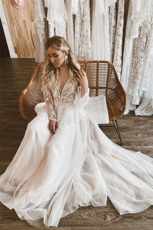 A-Line Lace Top Flare Sleeves Open Back Wedding Dress