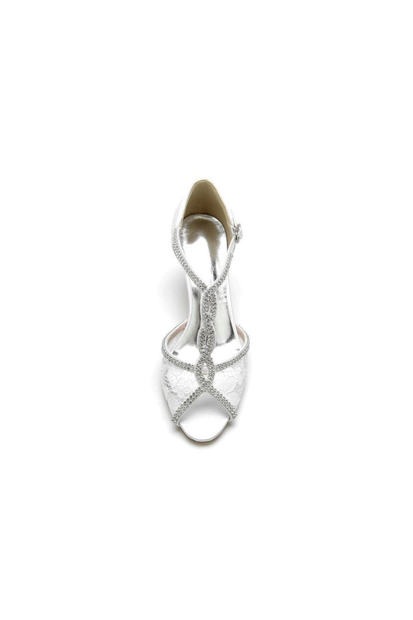 Ivory Leather Heels Adorned with Lace and Rhinestone Accents - KissProm