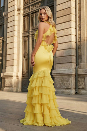 Tatum | Yellow V Neck Satin Mermaid Ruffles Long Prom Dress - KissProm