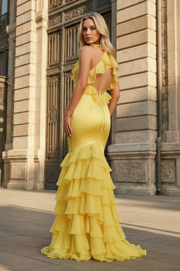 Tatum | Yellow V Neck Satin Mermaid Ruffles Long Prom Dress - KissProm