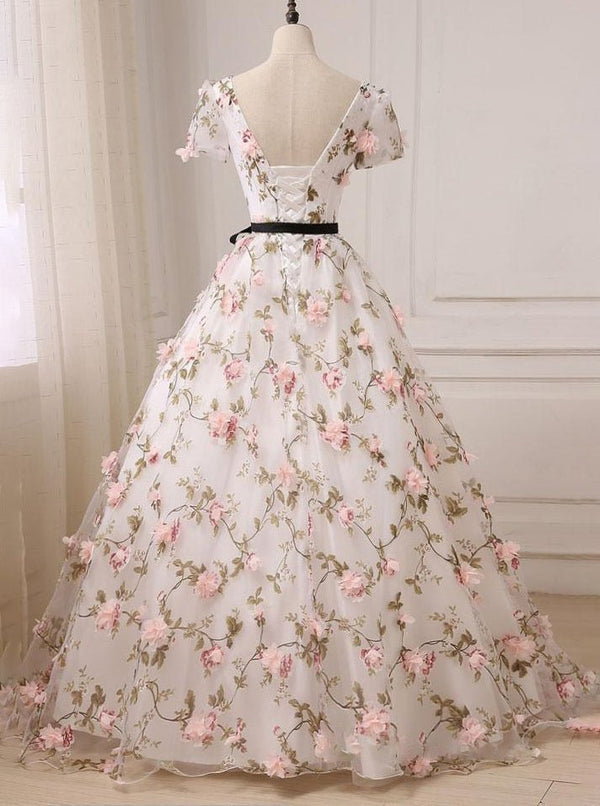 Quinceanera Dress Gorgeous V - neck 3D Floral Lace Ball Gown Long Prom Dresses - KissProm