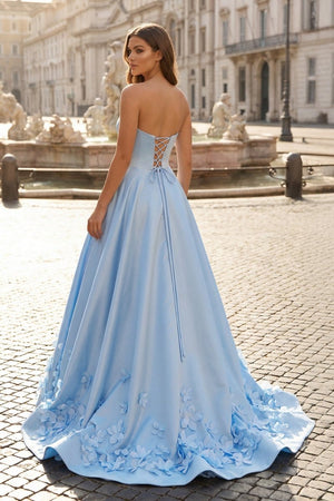3D Flower Sky Blue Strapless A - Line Prom Dress - KissProm