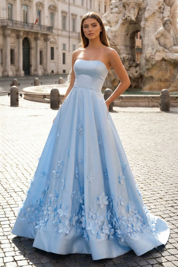 3D Flower Sky Blue Strapless A - Line Prom Dress - KissProm