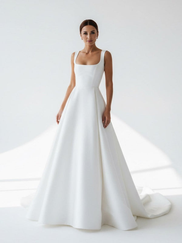 Simple A-Line Square Neck White Satin Wedding Dresses – Wedding Dresses by Kissprom | Available at KissProm