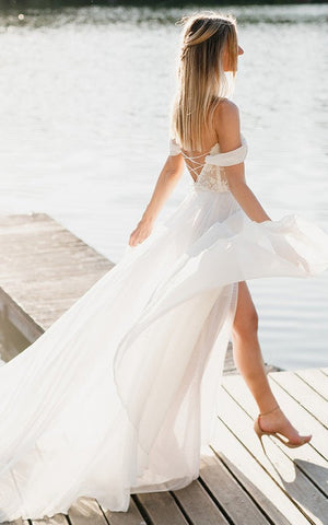Orlanda | A-Line Lace White Lace-Up Off-the-Shoulder Wedding Dress with Slit