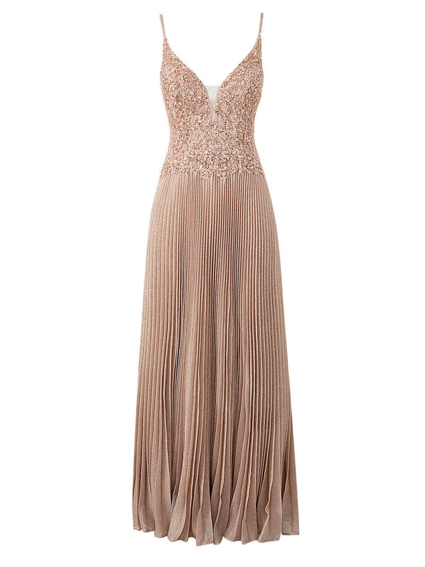 Elizabeth | Rose Pink A - line Floor Length Glitter Jersey Prom Dress with Appliques and Sequins - KissProm