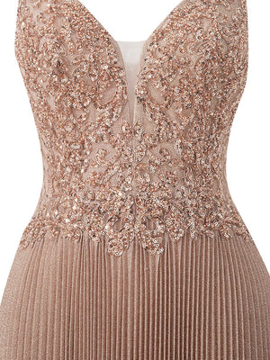 Elizabeth | Rose Pink A - line Floor Length Glitter Jersey Prom Dress with Appliques and Sequins - KissProm
