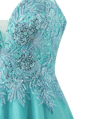Sofia | A - line Short Spaghetti Strap Glitter Tulle Homecoming Dress - KissProm