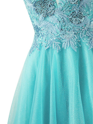 Sofia | A - line Short Spaghetti Strap Glitter Tulle Homecoming Dress - KissProm