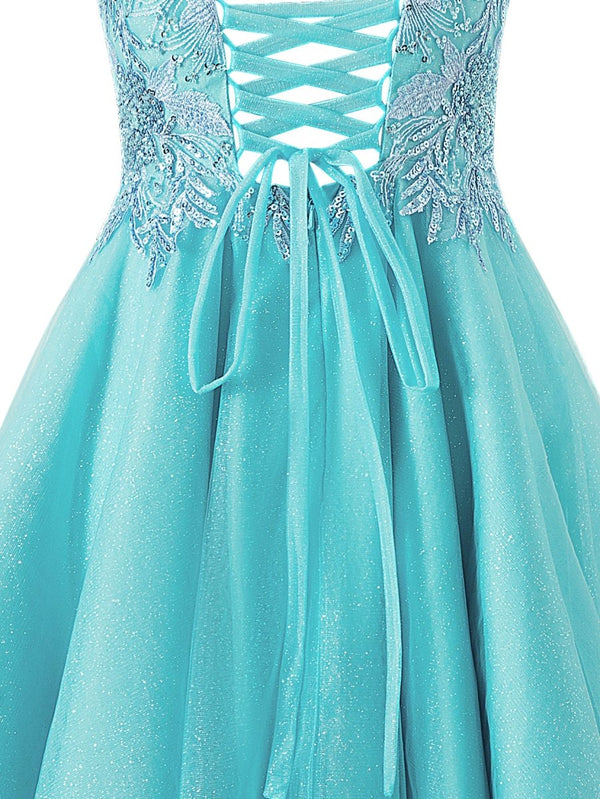 Sofia | A - line Short Spaghetti Strap Glitter Tulle Homecoming Dress - KissProm