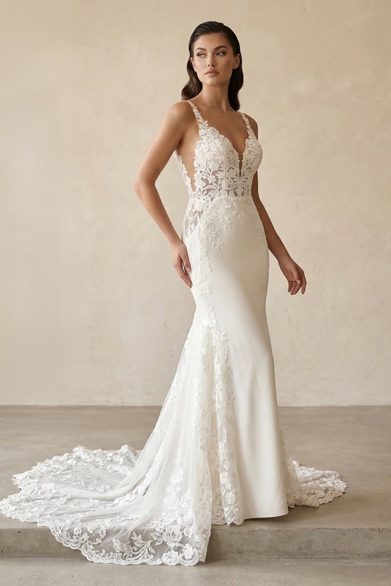 Mermaid V Neck Satin Wedding Dresses with Lace Appliques – Wedding Dresses by Kissprom | Available at KissProm