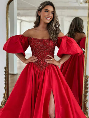 A-Line Off The Shoulder Taffeta Prom Dress With Short Puffy Sleeves – Prom Dress by KissProm | Available at KissProm