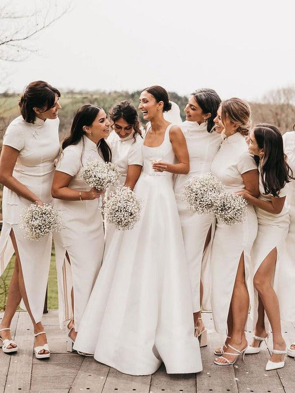 Simple A-Line Square Neck White Satin Wedding Dresses – Wedding Dresses by Kissprom | Available at KissProm