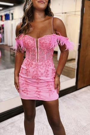 Queenie |Sheath Off the Shoulder Pink Lace Homecoming Dress