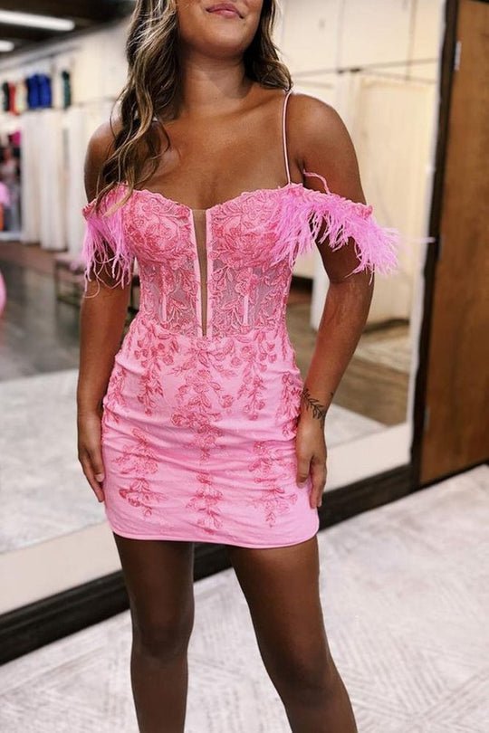 Queenie |Sheath Off the Shoulder Pink Lace Homecoming Dress