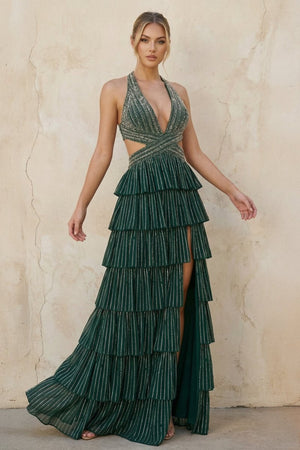 Dark Green - A - Line Halter Satin Beaded Long Prom Dresses With Ruffles - KissProm