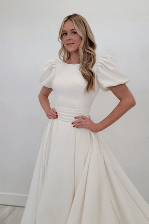 Ivory A-line Puff Sleeves Satin Sweeping Long Wedding Dress
