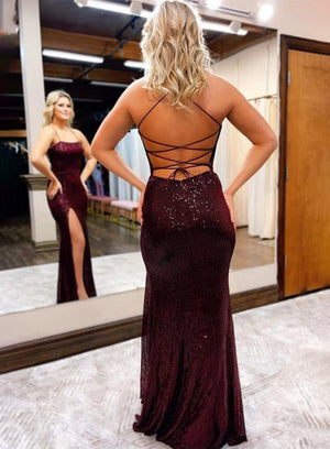 Burgundy Sequin Lace - Up Back Long Prom Dress with Slit - KissProm