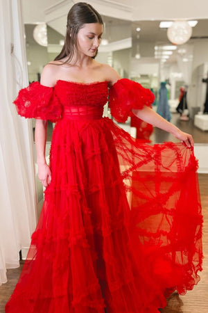 A-Line Strapless Ruffles Long Formal Dress with Puff Sleeves – Prom Dress by KissProm | Available at KissProm