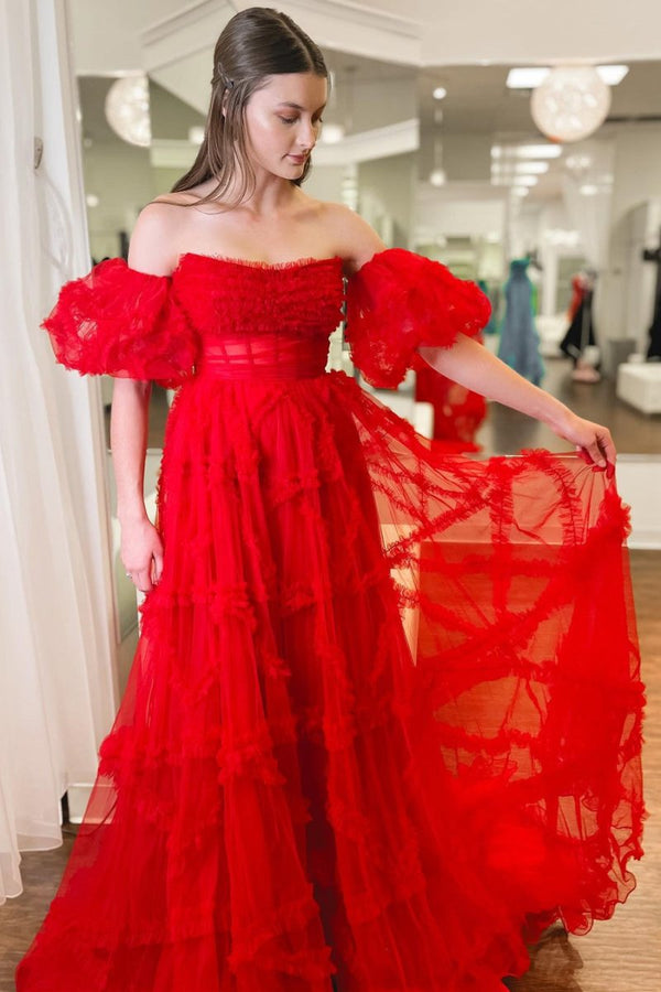 A-Line Strapless Ruffles Long Formal Dress with Puff Sleeves – Prom Dress by KissProm | Available at KissProm