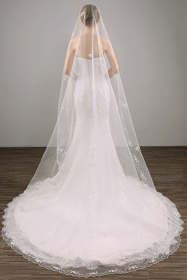 Two Tier Lace Appliques Edge Cathedral Veil Long Wedding Veil - KissProm
