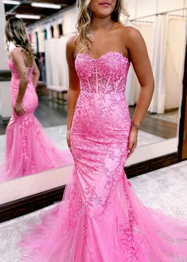 Pink Mermaid Sweetheart Neck Lace Long Prom Dress With Appliques - KissProm
