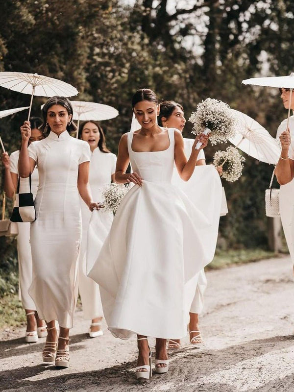 Simple A-Line Square Neck White Satin Wedding Dresses – Wedding Dresses by Kissprom | Available at KissProm