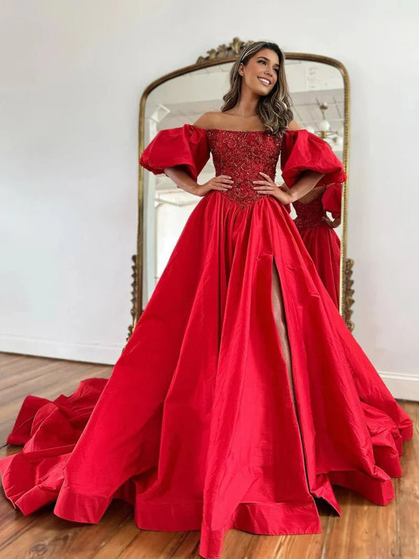 A-Line Off The Shoulder Taffeta Prom Dress With Short Puffy Sleeves – Prom Dress by KissProm | Available at KissProm
