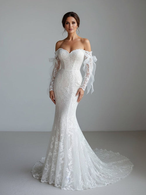 Lace Mermaid Covered - Button Long Sleeve Train Wedding Dress - KissProm