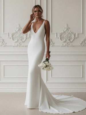 Elegant Mermaid V-Neck Elastic Satin Long Wedding Dresses – Wedding Dress by Kissprom | Available at KissProm