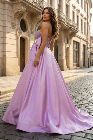 Hindreen | A - Line Sweetheart Lilac Beaded Long Prom Dresses With Bow - KissProm