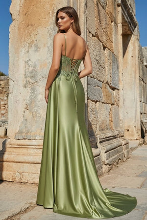 Silver Spaghetti Straps Mermaid Appliqued Prom Dress With Split – Prom Dress by KissProm | Available at KissProm