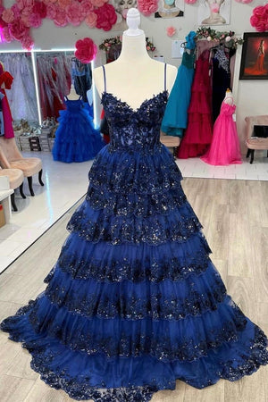 Maryam |A Line Spaghetti Straps Tiered Lace Prom Dress
