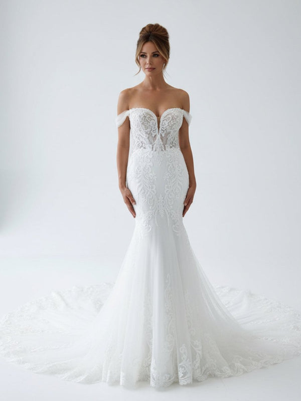 White Long Tulle Mermaid Wedding Dress with Lace Appliques – Wedding Dress by KissProm | Available at KissProm