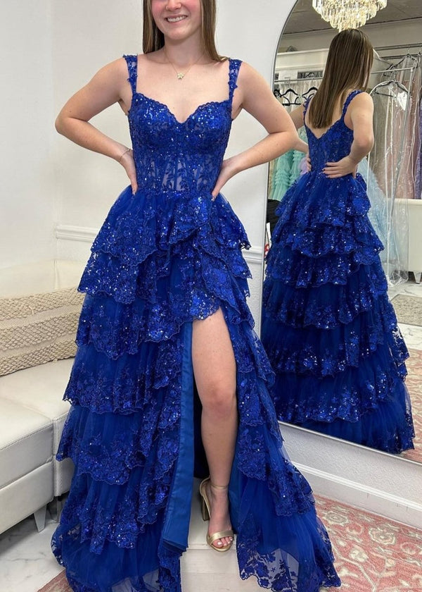A-Line Lace Off-the-Shoulder Tiered Long Prom Dress with Slit – Prom Dress by KissProm | Available at KissProm